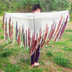 Cottage Core Fringed Shawl, Cream Shawl, Rainbow Fringe Wrap, Handmade Crochet Wrap, Festival Fairy Core Wrap, Ready to Ship.