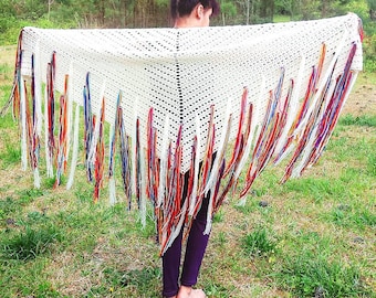 Large Bohemian Triangle Shawl, Cream Colored Shawl, Rainbow Fringe Shawl, Handmade Crochet, Festival Shawl, Off White Shawl, Holiday Wrap.