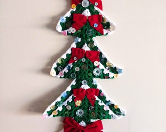 Crochet Granny Square Christmas Tree, Green Tree Wall Hanging, Red Velvet Bows, Button Ornaments, 31" Long, Holiday Decor, Handmade Crochet.