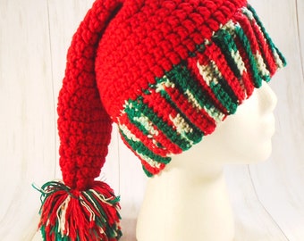 Red Crochet Santa Hat, Red Hat with Christmas Print Band and Pom Pom, Crochet Christmas Toboggan, Large Pom Pom, Hand Crocheted Santa Hat.