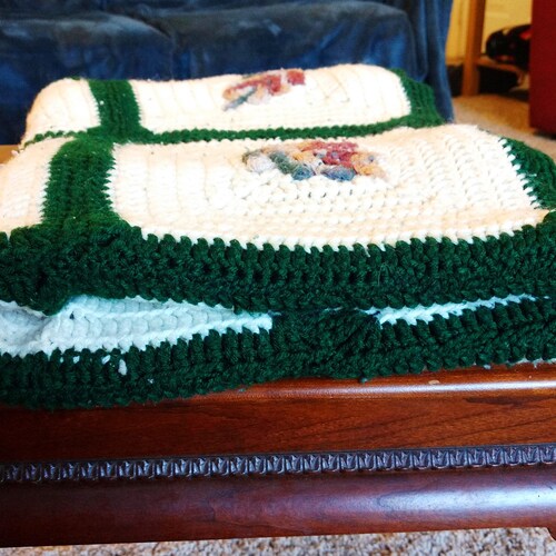 Fall Leaves Granny Square Throw, 55 x 61 Crochet Afghan, Cream with Fall Color Leaves and shops Green Border, Handmade Crochet, Sofa Back Throw.