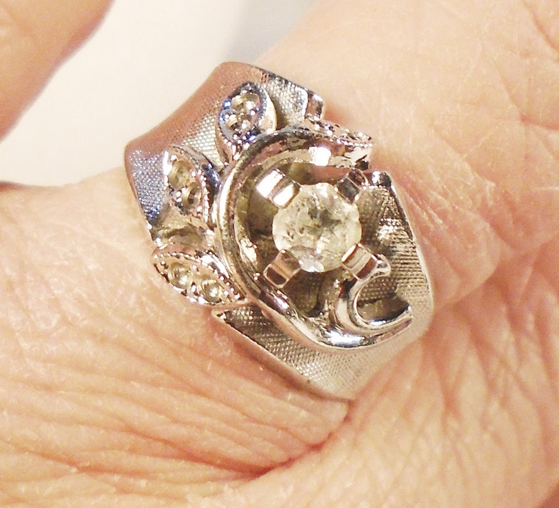 Leaf Design 18 KT White Gold Plate Cocktail Ring. Brushed Satin Finish 1950s Wedding Ring Wide Band Vintage ESPO CZ Engagement Ring