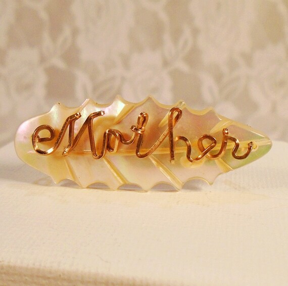 Script Brooch vintage script mother mustard - Gem
