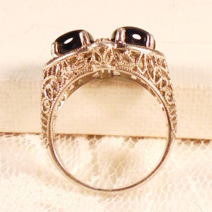 Double Onyx Filigree Ring, Vintage Sterling Silver Ring, Intricate Openwork Design, High Profile Setting.