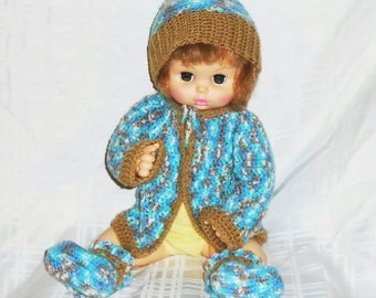 Baby Boy Blue Crochet Layette, Crochet Sweater Set with Hat and Booties, Handmade Crochet, Blue and Brown Layette, OOAK Baby Boy Gift.