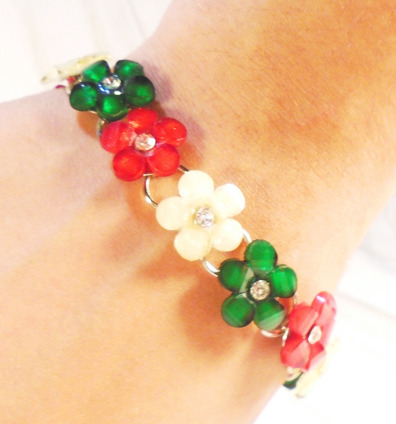 White Flowers Sterling Silver Red Flowers 40s Lucite Flower Bracelet. Green Flowers Vintage Lucite and Rhinestone Christmas Bracelet