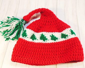 Red Elf Hat with Green Tree Design, Crochet Christmas Hat, White Stripe with Green Trees, Long Tail, Large Tassel, Hand Crocheted Elf Hat.