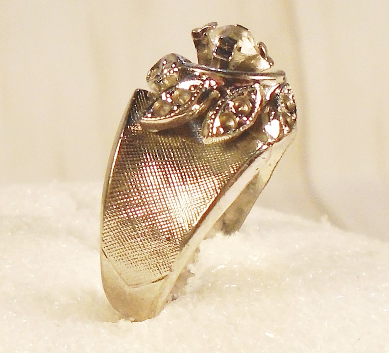 Leaf Design 18 KT White Gold Plate Cocktail Ring. Brushed Satin Finish 1950s Wedding Ring Wide Band Vintage ESPO CZ Engagement Ring