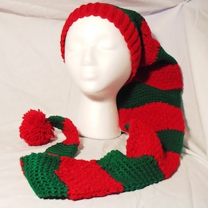 Made to Order Long Tail Striped Toboggan Hat, You Choose Colors, Long Stocking Cap, Handmade Crochet Hat, Unisex Winter Hat, Holiday Hat.