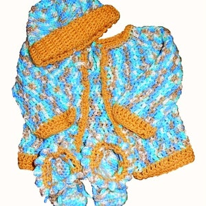 Baby Boy Blue Crochet Layette, Crochet Sweater Set with Hat and Booties, Handmade Crochet, Blue and Brown Layette, OOAK Baby Boy Gift.