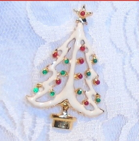 Christmas Tree Brooch SALE Vintage Enameled Pin White Christmas Tree Brooch SALE Vintage Enameled Pin White