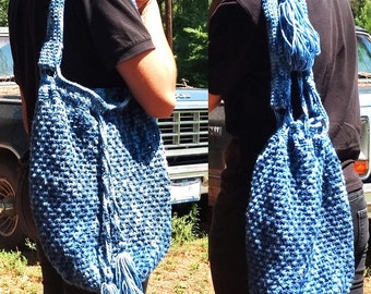 Crochet Bucket Bag, Blue Bag with Tassels, Handmade Crochet Purse, Drawstring Tote, Crochet Shoulder Bag, Crochet Purse, Blue Boho Bag.