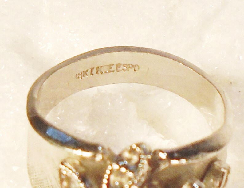 Leaf Design 18 KT White Gold Plate Cocktail Ring. Brushed Satin Finish 1950s Wedding Ring Wide Band Vintage ESPO CZ Engagement Ring