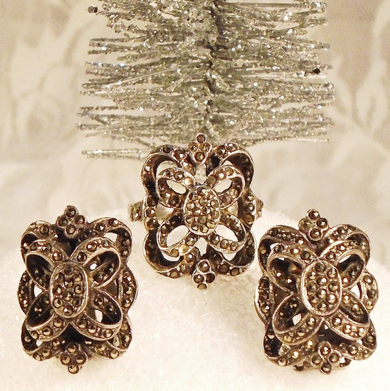 Marcasite Ring and Earring Set, Antique Art Deco … - image 1