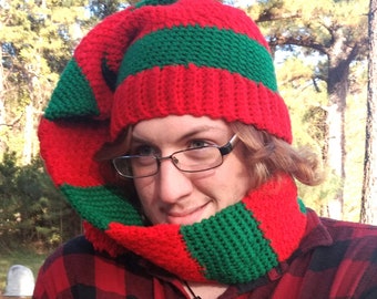 Long Tail Striped Toboggan Hat, Red and Green, Long Stocking Cap, Handmade Crochet Hat, Unisex Winter Hat, Long Beanie Hat, Holiday Hat.