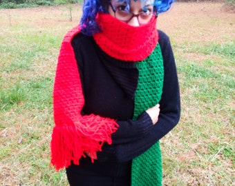 Red and Green Crochet Scarf, Extra Long Scarf, 10" x 87" Crochet Scarf, Half Red, Half Green, 6" Fringe, Oversized Christmas Super Scarf.