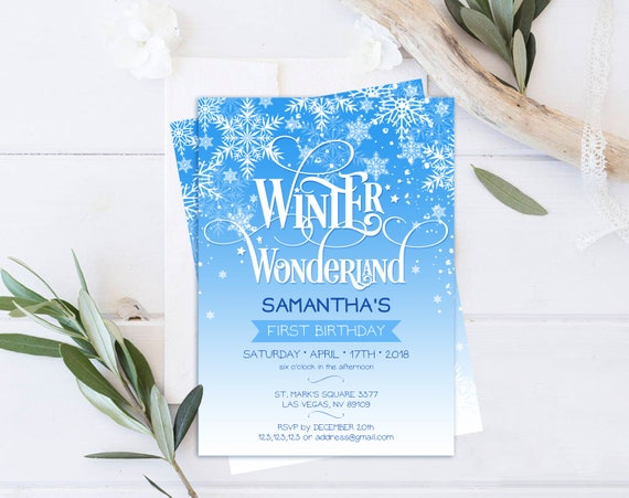winter wonderland invitation template blue 1st birthday etsy
