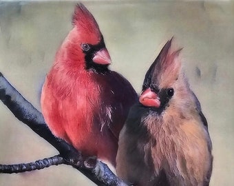 Cardinal Couple - Original Encaustic & Acrylic