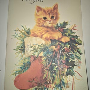 Christmas card, vintage style card, christmas cat card, glittery card