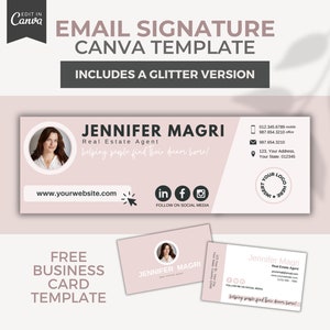 Puede incluir: Una plantilla de firma de correo electrónico Canva rosa claro con el texto "EMAIL SIGNATURE CANVA TEMPLATE" e "INCLUDES A GLITTER VERSION". La plantilla incluye una foto, información de contacto e iconos de redes sociales. También se incluye una plantilla de tarjeta de visita gratuita.