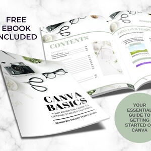 May include: A white and green ebook cover with the title "Canva Basics: Your Essential Guide to Getting Started on Canva" and the author's name "Jennifer Magri Templates". The cover features a camera, scissors, and glasses.