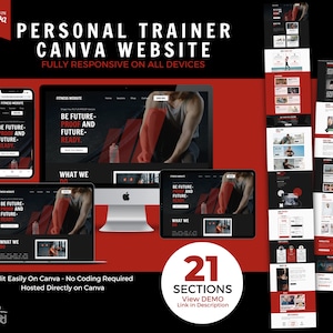 Puede incluir: Una maqueta de un sitio web para un entrenador personal, que muestra diferentes tamaños de pantalla, incluyendo un teléfono, una tableta y un portátil. El sitio web es negro y rojo con el texto "BE FUTURE-PROOF AND FUTURE-READY." y "WHAT WE DO". El sitio web es totalmente responsive en todos los dispositivos y se puede editar fácilmente en Canva.