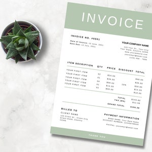 May include: A green and white invoice with the text "INVOICE" in large, bold, green letters. The invoice number is #0001. The invoice is dated June 12, 2021 and is due July 12, 2021. The invoice lists several items with their descriptions, quantities, prices, discounts, and totals. The invoice also includes the name and address of the company and the client, as well as payment information.
