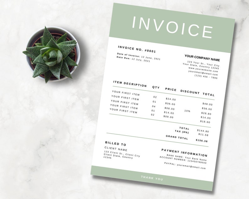 May include: A green and white invoice with the text "INVOICE" in large, bold, green letters. The invoice number is #0001. The invoice is dated June 12, 2021 and is due July 12, 2021. The invoice lists several items with their descriptions, quantities, prices, discounts, and totals. The invoice also includes the name and address of the company and the client, as well as payment information.