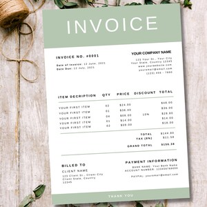 May include: A green and white invoice with the title "Invoice" and the invoice number #0001. The invoice lists the date of invoice, date due, item description, quantity, price, discount, and total. The invoice also includes the company name, address, website, and email address. The invoice is for a client named "Client Name" with an address of 123 Client St., Client City, Client State, Country 12345. The invoice includes payment information, including the bank name, account number, and PayPal email address.