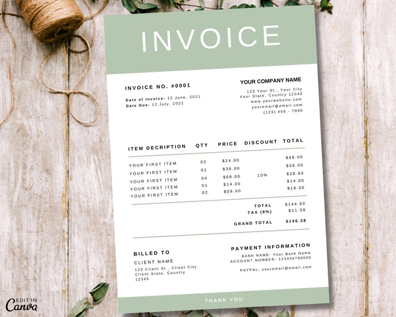 May include: A green and white invoice with the title "Invoice" and the invoice number #0001. The invoice lists the date of invoice, date due, item description, quantity, price, discount, and total. The invoice also includes the company name, address, website, and email address. The invoice is for a client named "Client Name" with an address of 123 Client St., Client City, Client State, Country 12345. The invoice includes payment information, including the bank name, account number, and PayPal email address.