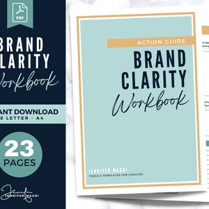 Könnte beinhalten: Ein blaugrünes und goldenes Aktionsleitfaden-Arbeitsbuch mit dem Titel "Brand Clarity Workbook" mit dem Text "Instant Download US Letter - A4" und "23 Pages" auf dem Cover. Das Arbeitsbuch ist für Coaches konzipiert und enthält Tools und Vorlagen.