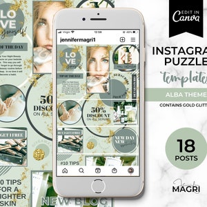INSTAGRAM PUZZLE TEMPLATE - Canva Template for Beauty Salon, Beauty Blogger and Small Business.  Sage Instagram Template.