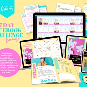 7 DAY FACEBOOK CHALLENGE Bundle.  Guide book, workbook, email swipes, trello board, checklists, scheduler, facebook covers and prompts.