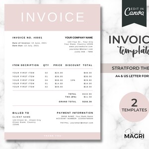 May include: A pink and white invoice template with the text "INVOICE Template" in black. The template is designed in the Stratford theme and is available in A4 and US Letter format. The template includes sections for item description, quantity, price, discount, total, billed to, and payment information. The template also includes a thank you message and a signature line.