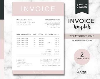 Invoice Canva Template, Printable, A4, US Letter, Digital Download, Pink Minimalist Style, Small Business Stationery, Business Templates
