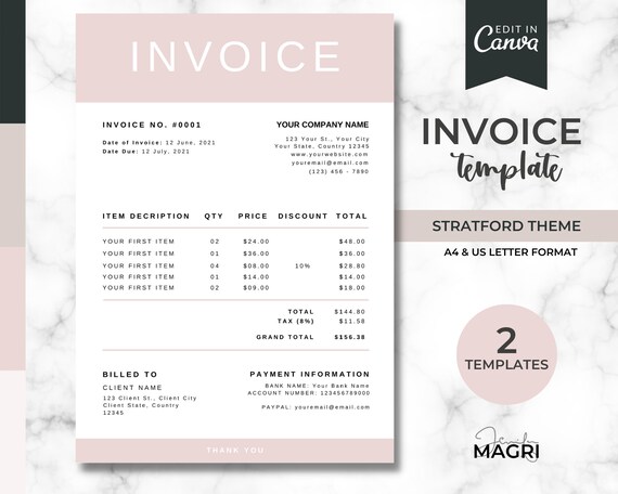 Invoice Canva Template, Printable, A4, US Letter, Digital Download, Pink Minimalist Style, Small Business Stationery, Business Templates