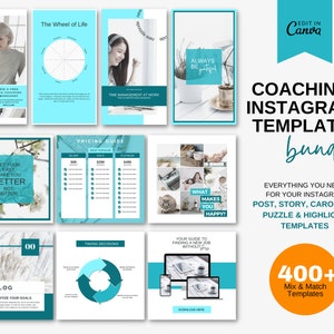 COACHING INSTAGRAM TEMPLATE Bundle - Instagram Posts, Stories, Carousel, Puzzle and Highlights Canva Templates. Teal Turquoise.