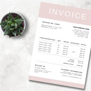 May include: A pink and white invoice with the text "INVOICE" in black at the top. The invoice number is #0001. The invoice date is June 12, 2021 and the due date is July 12, 2021. The invoice lists several items with their descriptions, quantities, prices, discounts, and totals. The total amount due is $154.38.