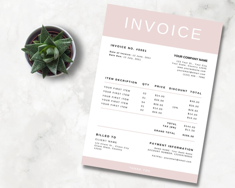 May include: A pink and white invoice with the text "INVOICE" in black at the top. The invoice number is #0001. The invoice date is June 12, 2021 and the due date is July 12, 2021. The invoice lists several items with their descriptions, quantities, prices, discounts, and totals. The total amount due is $154.38.