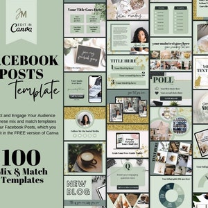 Facebook Engagement Posts - Canva Template for Coaches, Course Creators, Bloggers, Businesses. FB Posts - FB Group - Alba Green and Gold