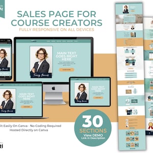 ONLINE COURSE landing page template for Coaches, Course Creators. Website Template, Canva Template, Course Sales Page Template, Free Hosting