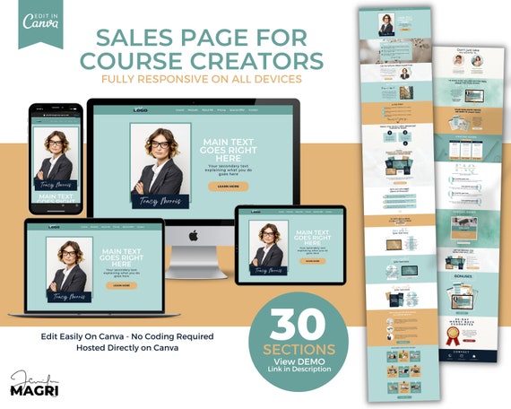 ONLINE COURSE landing page template for Coaches, Course Creators. Website Template, Canva Template, Course Sales Page Template, Free Hosting