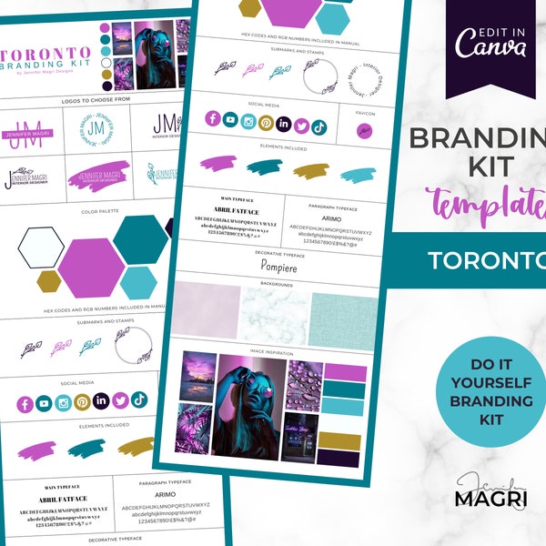 Branding Board Template Kit, Do It Yourself Logo, Color Palette, Purple & Teal Branding, Branding Canva Template, Business Website Branding