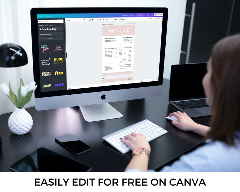 May include: A person is working on a computer with a blank invoice template open on the screen. The invoice template is designed in a minimalist style with a pink background and black text. The text "INVOICE" is at the top of the template. The person is using a keyboard and mouse to edit the template. The text "EASILY EDIT FOR FREE ON CANVA" is at the bottom of the image.