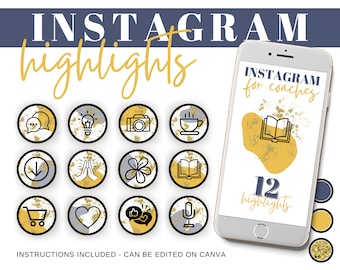 INSTAGRAM Highlights for Coaches, IG Story Highlights, Canva Template, Blue and Yellow, IG Highlights Canva Template. Instant Download