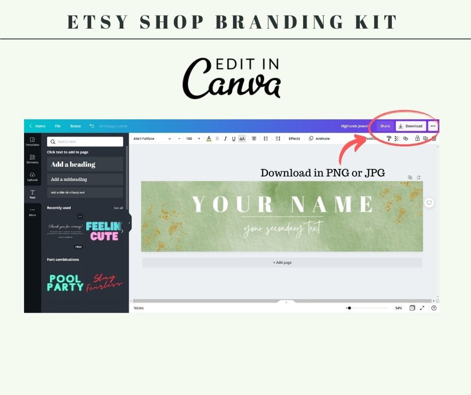 ETSY Banner Canva Template in Watercolor Green and Gold Etsy Etsy