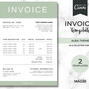 May include: A green and white invoice template with the text "Invoice Template" in a larger font size. The template is designed for use with the Alba theme and is compatible with A4 and US Letter paper sizes. The template includes sections for billing information, item descriptions, quantities, prices, discounts, and totals. The template also includes a section for payment information, including bank name, account number, and PayPal information. The template is designed to be easily customized and includes a thank you message at the bottom.
