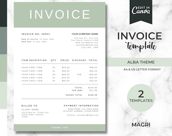 Invoice Canva Template, Printable, A4, US Letter, Digital Download, Green Minimalist Style, Small Business Stationery, Business Templates