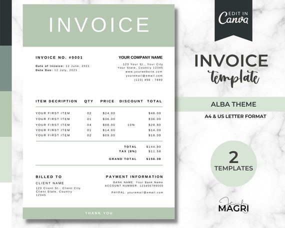 Invoice Canva Template, Printable, A4, US Letter, Digital Download, Green Minimalist Style, Small Business Stationery, Business Templates