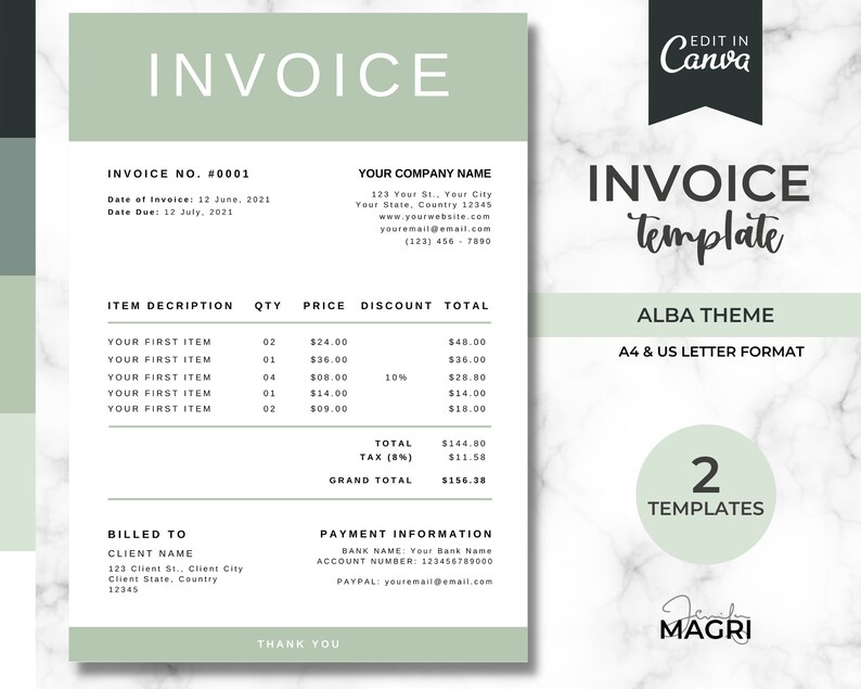 May include: A green and white invoice template with the text "Invoice Template" in a larger font size. The template is designed for use with the Alba theme and is compatible with A4 and US Letter paper sizes. The template includes sections for billing information, item descriptions, quantities, prices, discounts, and totals. The template also includes a section for payment information, including bank name, account number, and PayPal information. The template is designed to be easily customized and includes a thank you message at the bottom.